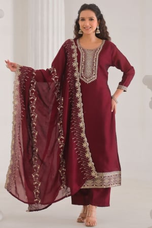 Maroon Silk Readymade Pant Kameez