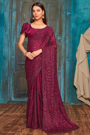 Maroon Silk Sequins Work Saree for Party 