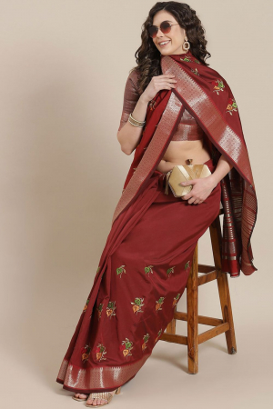 Maroon Soft Cotton Silk Colourful Thread Embroidery Work Party Wear Saree
