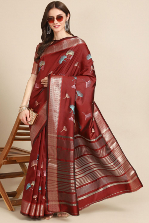 Maroon Soft Cotton Silk With Colourful Thread Embroidery Work Party Wear Saree