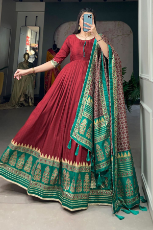 Maroon Tussar Silk Foil Printed Anarkali Gown with Dupatta