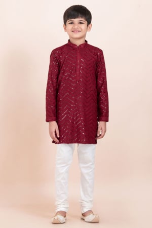 Maroon Viscose Rayon Sequins Embroidered Boys Kurta Set