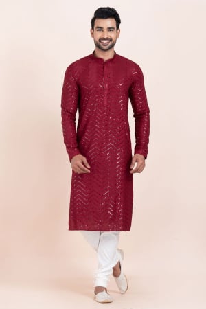 Maroon Viscose Rayon Sequins Embroidered Kurta Set