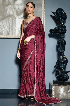 Maroon Viscose Satin Saree with Embroidered Blouse