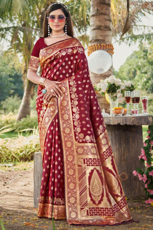 Maroon Woven Silk Saree for Ceremonial