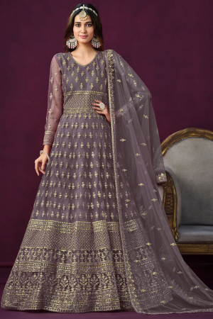 Mauve Embroidered Net Anarkali Dress