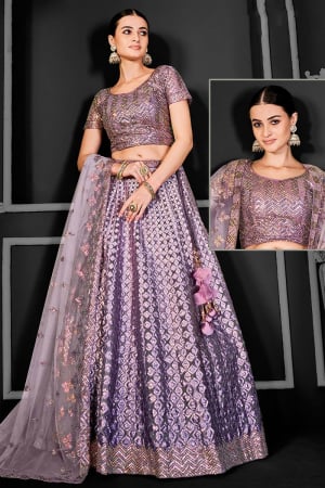 Mauve Embroidered Net Designer Lehenga Choli