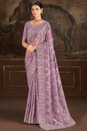 Mauve Embroidered Satin Silk Designer Saree