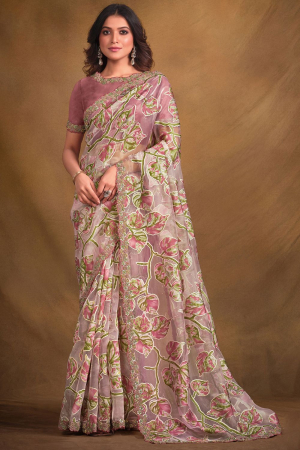 Mauve Pink Designer Saree with Embroidered Blouse