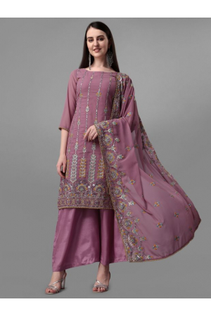 Mauve Pink Embroidered Faux Georgette Palazzo Kameez