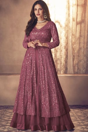 Mauve Pink Sequined Georgette Lehenga Kameez