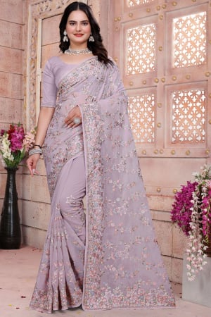 Mauve Resham Embroidered Georgette Saree
