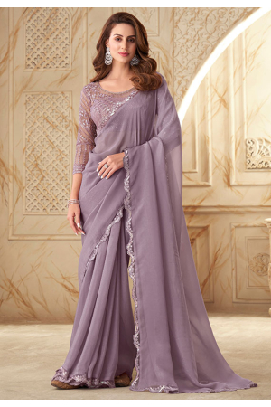 Mauve Silk Georgette Saree with Embroidered Blouse
