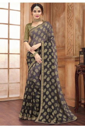 Lavender and Charcoal Grey Printed Brasso Saree