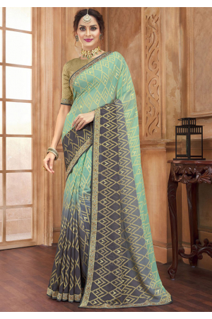 Mint and Grey Printed Brasso Saree