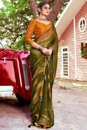 Mehendi Green Crepe Saree with Embroidered Blouse