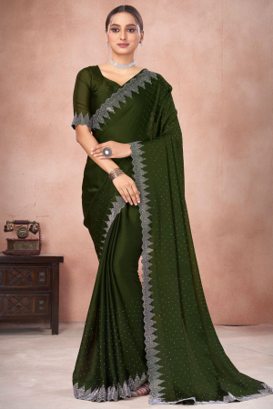 Mehendi Green Embellished Satin Chiffon Saree