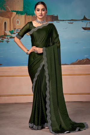 Mehendi Green Embellished Satin Chiffon Saree