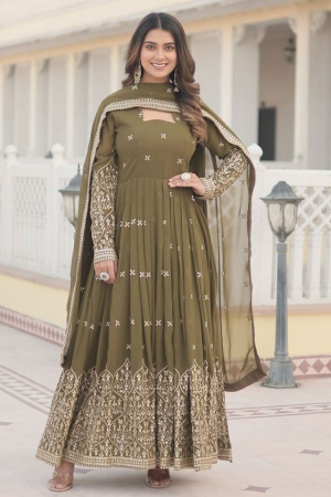 Mehendi Green Embroidered Anarkali Gown with Dupatta