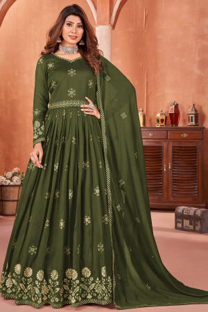 Mehendi Green Embroidered Art Silk Anarkali Dress