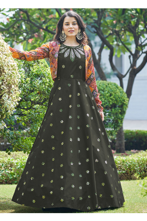 Mehendi Green Embroidered Cotton Gown with Jacket
