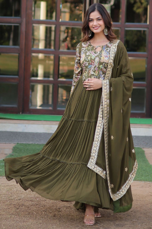 Mehendi Green Embroidered Faux Georgette Anarkali Gown with Dupatta