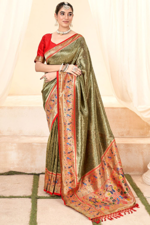 Mehendi Green Handloom Paithani Tissue Silk Saree