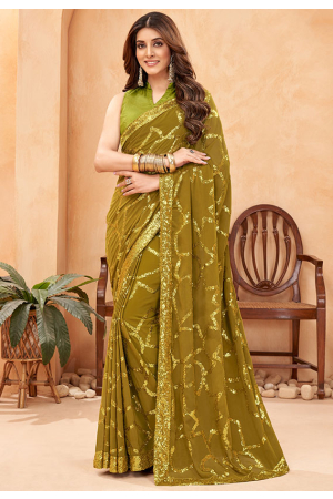 Mehendi Green Sequined Faux Georgette Saree
