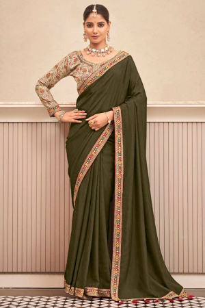 Mehendi Green Silk Saree with Embroidered Blouse