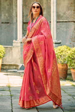 Melon Pink Woven Tissue Silk Saree for Ceremonial