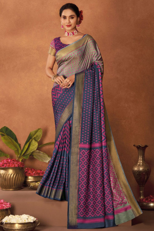 Midnight Blue and Grey Woven Two Tone Silk Saree