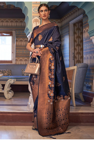 Midnight Blue Copper Zari Weaving Tussar Silk Saree
