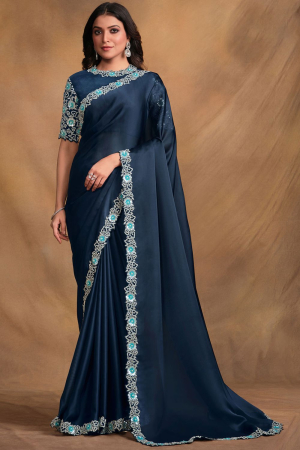 Midnight Blue Designer Saree with Embroidered Blouse
