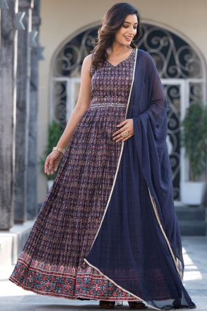 Midnight Blue Dola Silk Flared Anarkali Gown with Dupatta