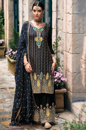 Midnight Blue Embroidered Chinnon Palazzo Kameez for Festival