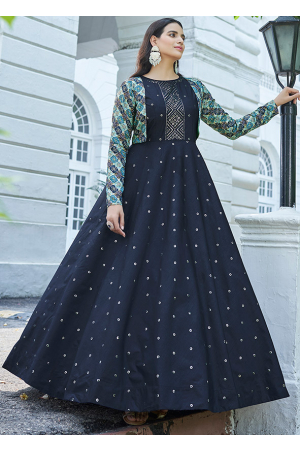 Midnight Blue Embroidered Cotton Gown with Jacket