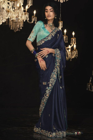Midnight Blue Embroidered Designer Saree for Ceremonial