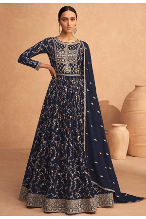 Midnight Blue Embroidered Faux Georgette Anarkali Suit