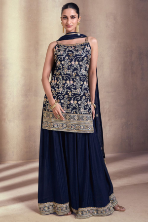 Midnight Blue Embroidered Faux Georgette Palazzo Kameez