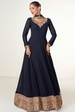 Midnight Blue Embroidered Georgette Anarkali Gown with Dupatta for Ceremonial