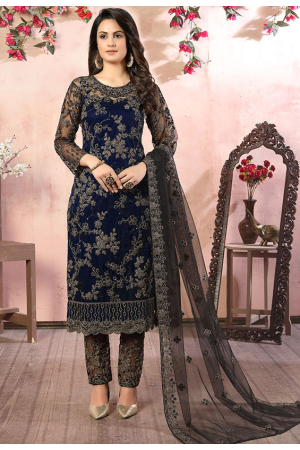 Midnight Blue Embroidered Net Pant Kameez