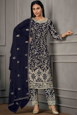 Midnight Blue Embroidered Net Pant Kameez for Festival