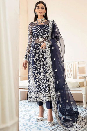 Midnight Blue Embroidered Organza Pant Kameez