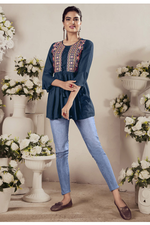 Midnight Blue Embroidered Rayon Tunic