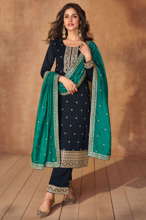 Midnight Blue Embroidered Silk Readymade Trouser Kameez