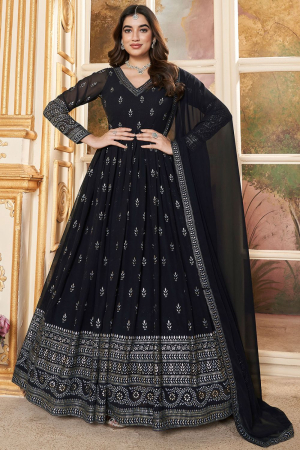 Midnight Blue Faux Georgette Anarkali Gown with Dupatta