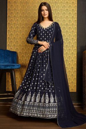 Midnight Blue Faux Georgette Flared Anarkali Gown with Dupatta