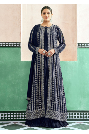 Midnight Blue Georgette Anarkali with Embroidered Jacket