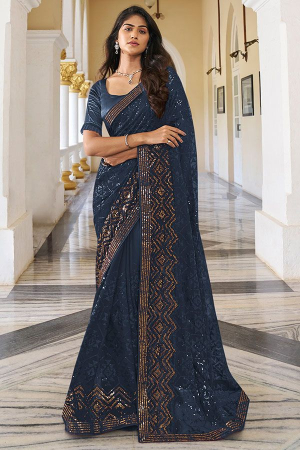 Midnight Blue Georgette Embroidered Sequins Embroidered Saree