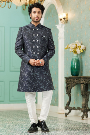 Midnight Blue Jacquard Silk Indo Western Outfit